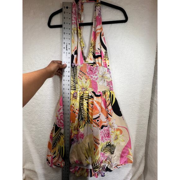 Vintage Cache Silk Floral Bubble Hem Halter Smocked Mini Dress Womens Large / XL - Picture 9 of 12